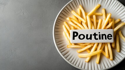 Plate of fries with a "Poutine" label