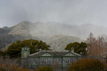 雪雲で霞む六甲山を背景に異人館　神戸で撮影