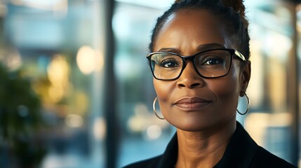 Self-confident African female business woman, looking at the camera, posing in a modern Office space. Professional Portrait for Recruiting, Manager and Management, Lawyer or Consultant concepts
