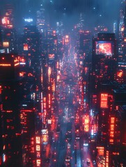 Fototapeta premium Futuristic city at night, glowing with neon and holograms, exuding high-tech energy. Ideal for ads, tech content, cyberpunk games, or articles on smart cities' future.
