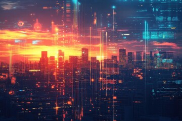 Obraz premium Futuristic cityscape with vibrant digital overlays and sunset hues