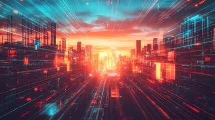 Futuristic cityscape at sunset with glowing lines and buildings