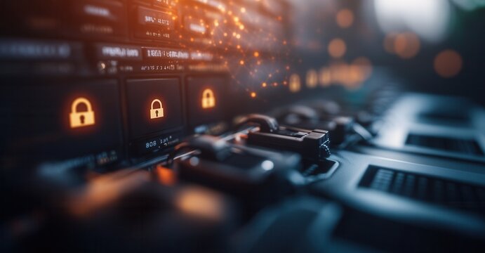 Network security shown by digital locks on a server array, with encryption protocols, and a glowing background.