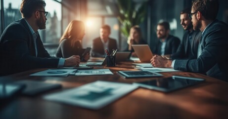 Diverse team collaboratively strategizing at a board meeting, analyzing reports, and laptops, fostering synergy in a well-lit boardroom environment.