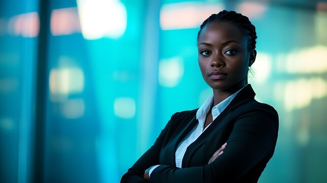 Self-confident African female business woman, looking at the camera, posing in a modern Office space. Professional Portrait for Recruiting, Manager and Management, Lawyer or Consultant concepts