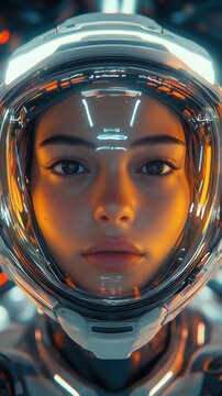 Female android stares at the camera in a spaceship with an alien reflection