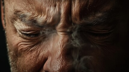 Fototapeta premium Close up of a man's face showing wincing expression due to mild pain in a dimly lit environment