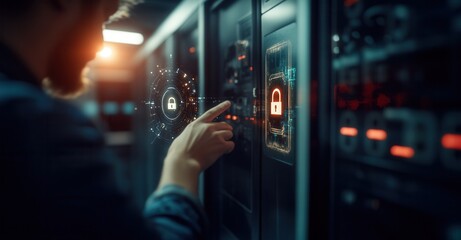 Data Security Management: Technician interacting with server panel icons featuring padlock symbols, indicating a network is locked and secured.