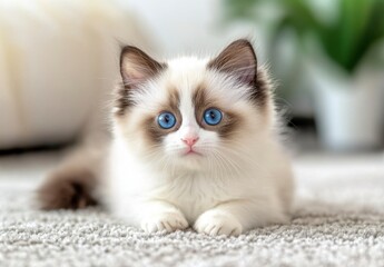 Obraz premium Adorable Ragdoll Kitten Lying On Beige Carpet