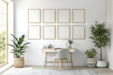 Modern Minimalist Home Workspace With Gallery Wall And Plants Images for