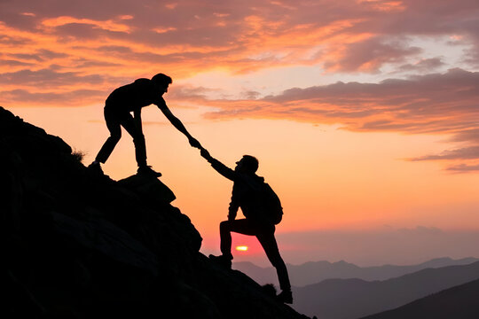 Silhouette Of Hikers Assisting On Mountain At Sunset And Helping Each Other Up