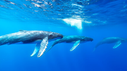 Fototapeta premium Humpback Whales Swim Gracefully in Formation With One Breaching in the Distance Under Clear Blue Ocean Water