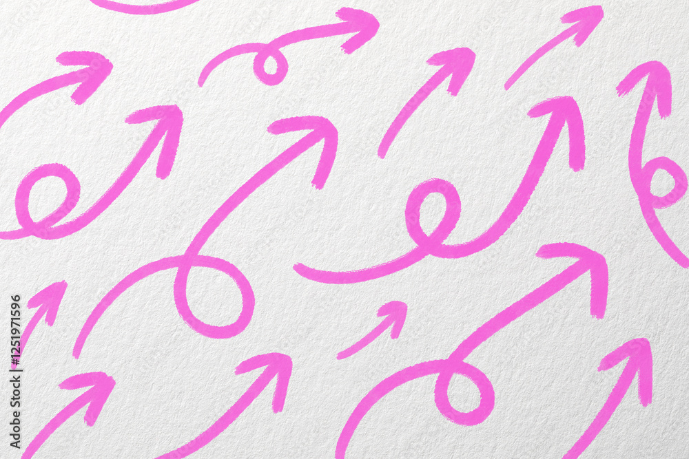 Wall mural many pink arrows on white textured background. pointer