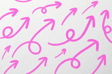 Many pink arrows on white textured background. Pointer