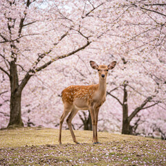 A young deer, light brown with speckled markings, stands on a grassy knoll 
