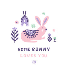 Scandinavian Easter Illustration with Decorative flowers, Bunny. Folk Pastel Design. Whimsical Easter Poster with rabbit Playful Typography lettering Some Bunny Loves You. Hand drawn flat style vector