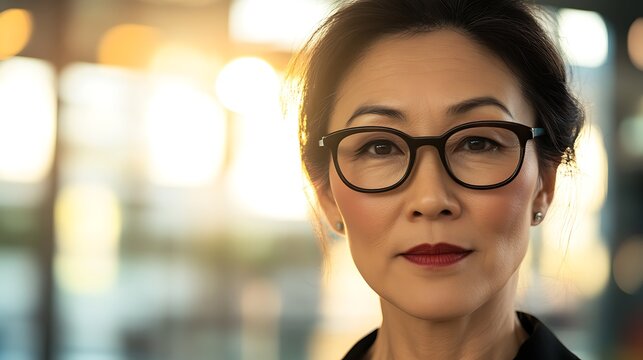 Self-confident Asian female business woman, looking at the camera, posing in a modern Office space. Professional Portrait for Recruiting, Manager and Management, Lawyer or Consultant concepts 