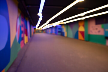 Croatia, Zagreb, February 8, 2025, colorfully decorated urban passage, underpass with cheerful colorful graffiti