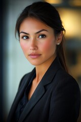 Fototapeta premium Self-confident female business woman, looking at the camera, posing in a modern Office space. Professional Portrait for Recruiting, Manager and Management, Lawyer or Consultant concepts