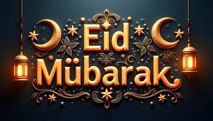 Ramadan to Eid Mubarak and Eid ul Adha Text with Intricate Crescent Moon and Lanterns Eid Poster, Banner and Template