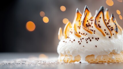 Close-up of baked Alaska dessert with meringue and sprinkles