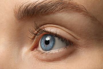 Closeup view of woman with blue eyes