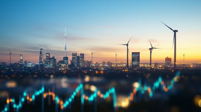 City Skyline at Sunset with Wind Turbines and Financial Data Overlay