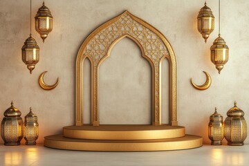 Elegant Golden Islamic Archway with Lanterns and Crescent Moons Festive Ramadan Background