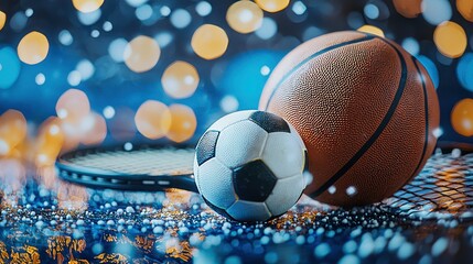 Festive Sports Balls & Racket, Winter Night, Holiday Promotion