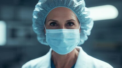 Mature female surgeon wearing a surgical mask posing at work at a surgery room looking at the camera