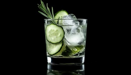 Refreshing Gin And Tonic: Frosted Glass With Ice, Rosemary, Lime, And Cucumber. Perfect Cocktail Presentation On A Black Tray.