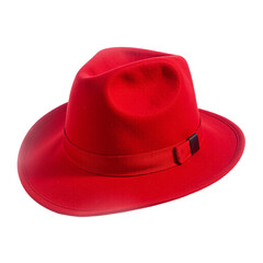 Close-up product shot of a stylish red fedora hat against a cut out background.