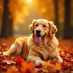 Golden retriever rests amidst vibrant autumn leaves , red, dog
