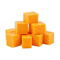 Close-up image of several orange cheddar cheese cubes against a cut out background.