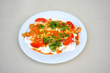 Meat, chicken shawarma kebab with yogurt and fried butter sauce .Tantuni Special. durum  Yogurtlu tantuni. Ekmek arasi tantuni. 