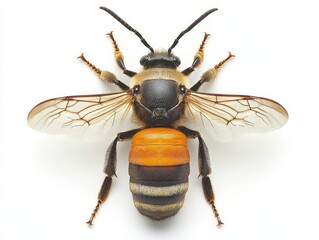 Closeup View Of Honeybee With Yellow And Black Stripes On White Background