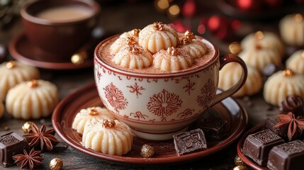 Fototapeta premium Warm Holiday Hot Chocolate with Delicate Pastries and Edible Gold Accents