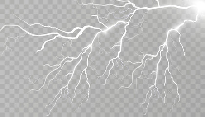 Set of lightnings. Thunder-storm and lightnings. Magic and bright lighting effects. Vector Illustration.