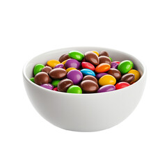 White bowl filled with colorful candy-coated chocolates 