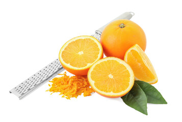 Pile of fresh orange zest, fruits, grater and leaves isolated on white