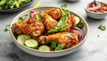 Fototapeta premium Fried Chicken With Crispy Thai Herbs And Decorative Vegetables - Asian Thai Cuisine With Carved Cucumber And Chilli.