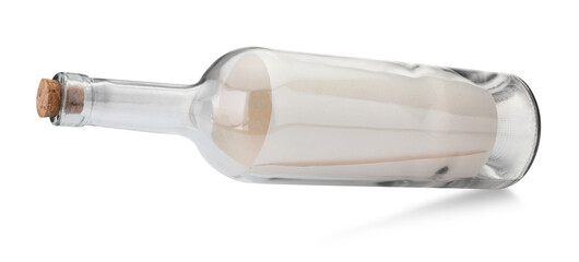 Corked glass bottle with rolled letter in air isolated on white