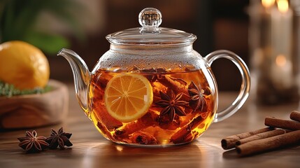Warm Spiced Tea in Glass Teapot with Lemon and Star Anise
