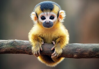 Obraz premium Cute Baby Squirrel Monkey Holding On Branch