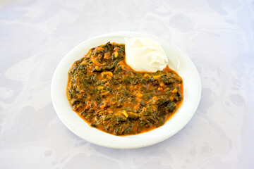 Delicious yogurt scene with Casserole bowl. Closeup shot of healthy fresh yogurt. Karisik kizartma. Top view.