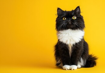 A fluffy black and white kitten sits against a yellow background