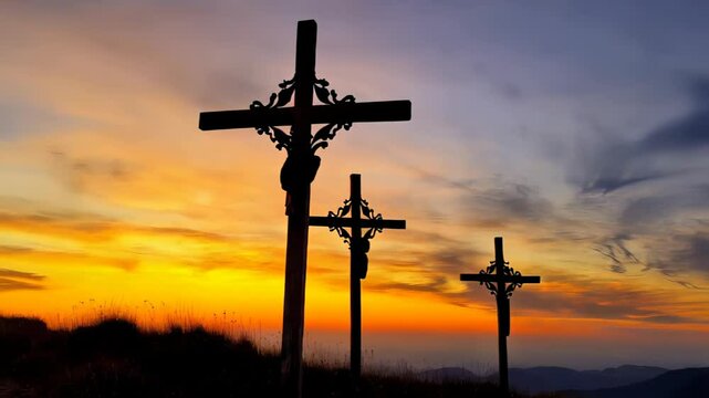 Wooden crosses standing silhouetted against golden hour sky dramatic landscape revealing spiritual symbolism with vibrant horizon colors highlighting scenic wilderness backdrop Religious concept of Ea