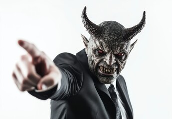 Naklejka premium Demonic Businessman Pointing Finger White Background