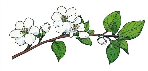 Obraz premium Detailed Illustration Of A Blossoming Branch With White Flowers And Green Leaves