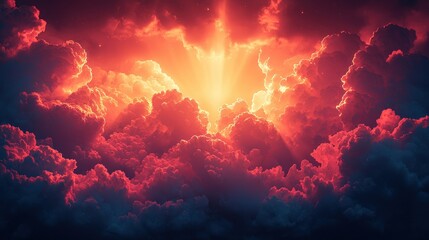 Naklejka premium Fiery light beam bursts through dark cloudscape